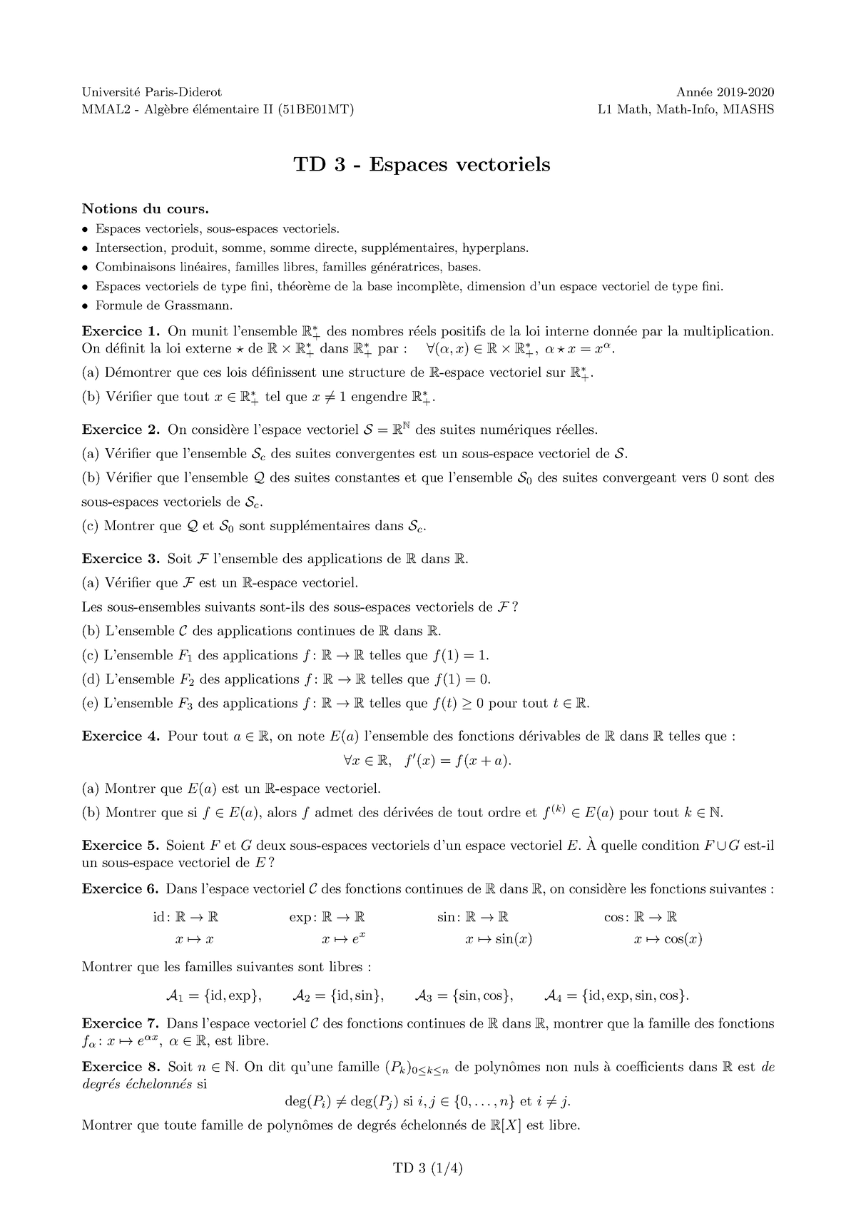 TD3 Espaces Vectoriels - Universit ́e Paris-Diderot Ann ́ee 2019- MMAL2 ...