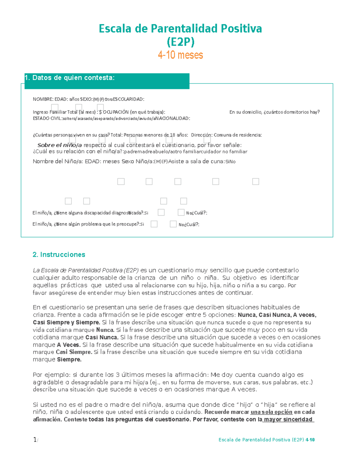 4 a 10 meses - Material evaluación familiar - Escala de Parentalidad ...