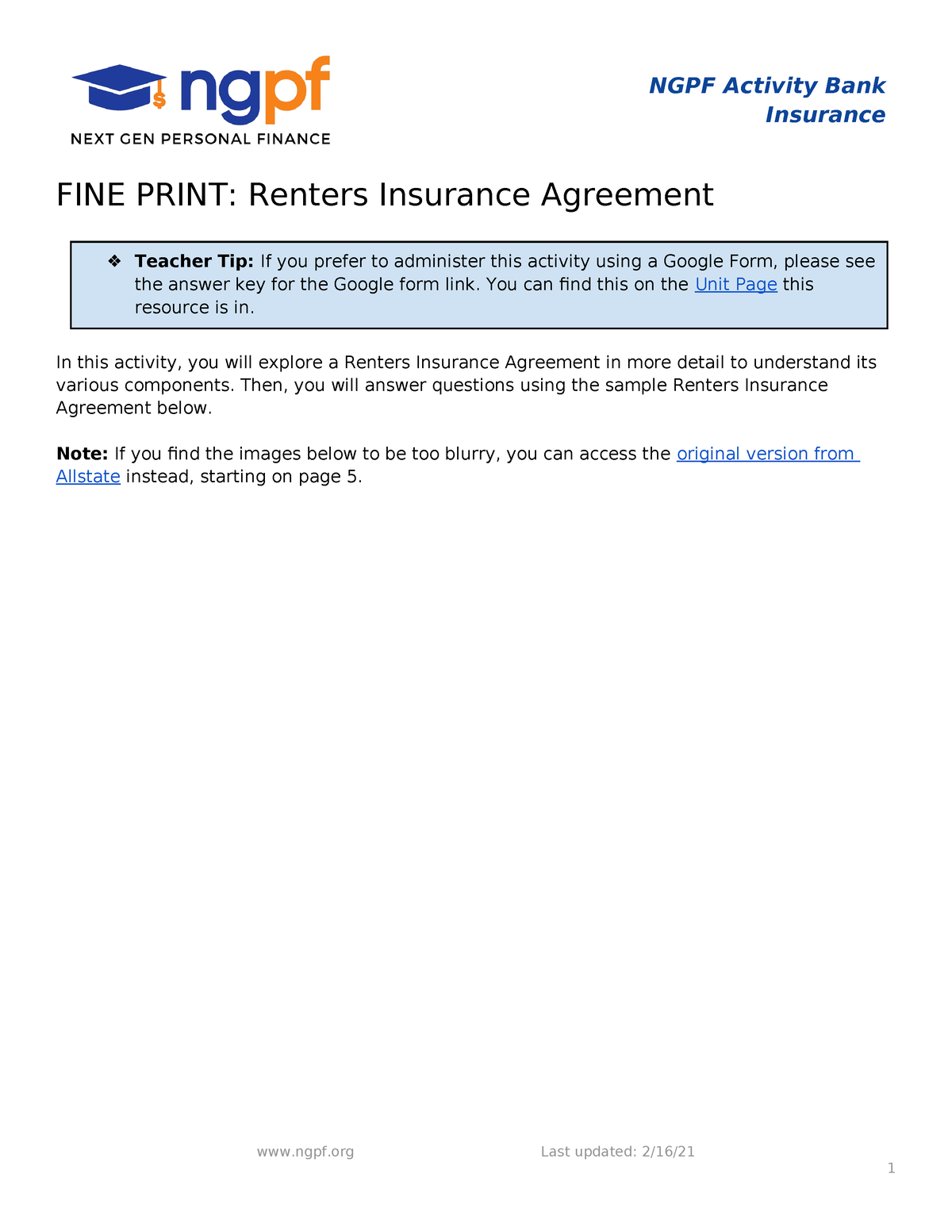 FINE Print Renters Insurance Agreement - NGPF Activity Bank Insurance FINE  PRINT: Renters Insurance - Studocu