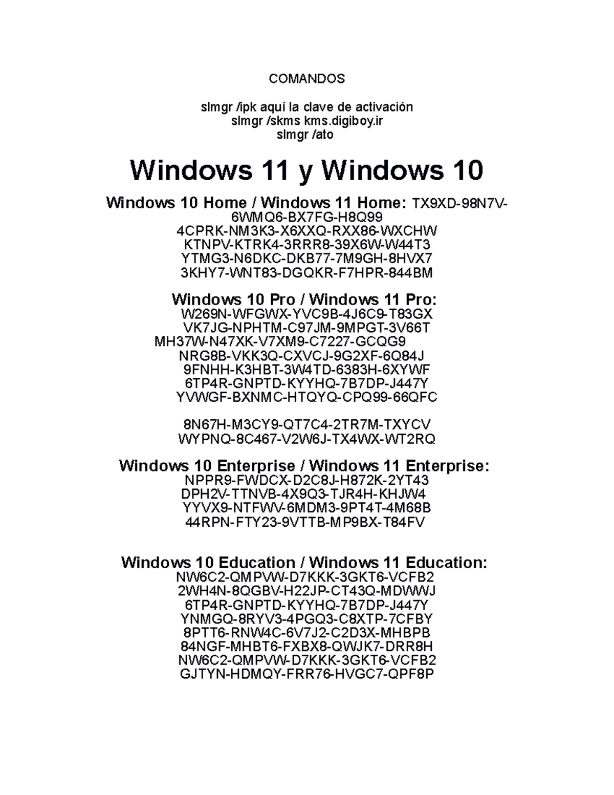 Claves de Activacion Windows - COMANDOS slmgr /ipk aquí la clave de ...