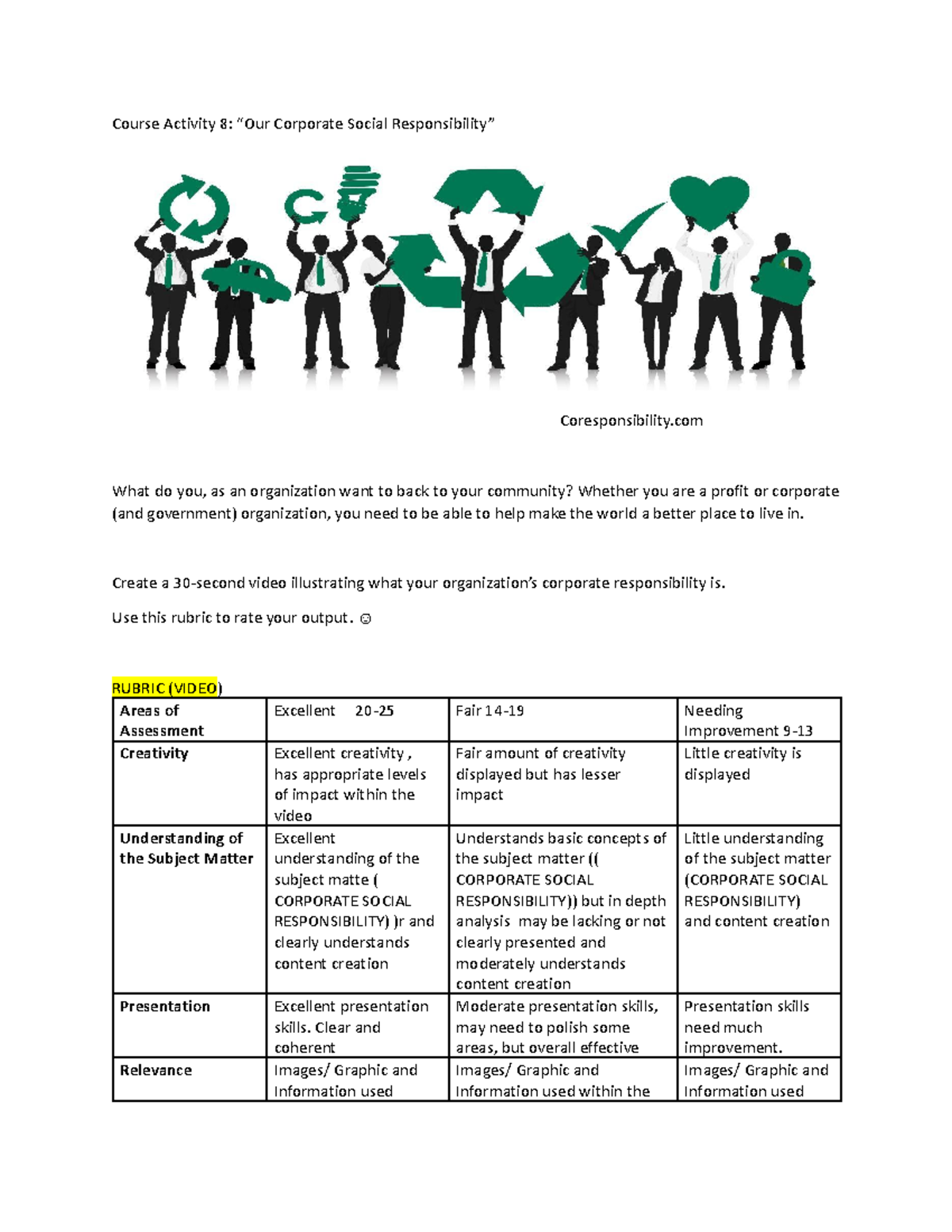 Course Activity No 8 CSR What We Stand Fir - Course Activity 8: “Our ...