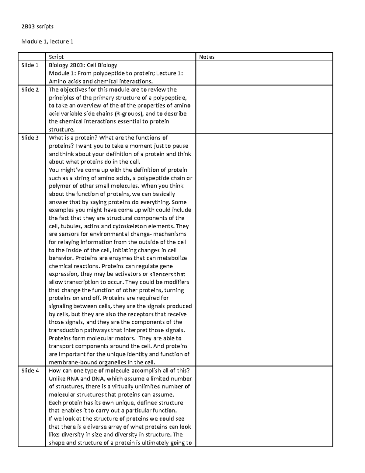 Bio 2B03 Module 1 Lecture 1 Script - 2B03 Scripts Module 1, Lecture 1 ...