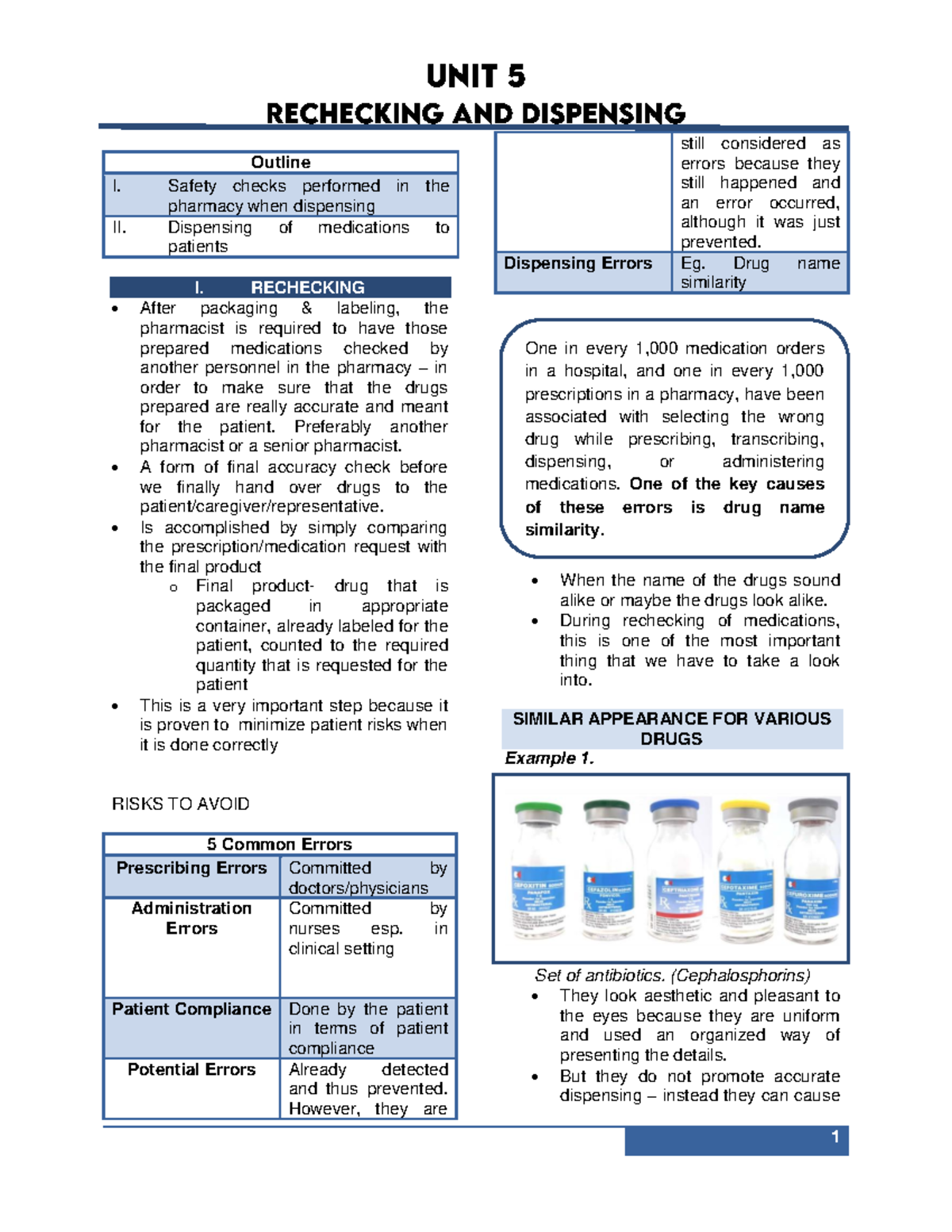 Rechecking and Dispensing Outline I. Safety checks performed in the