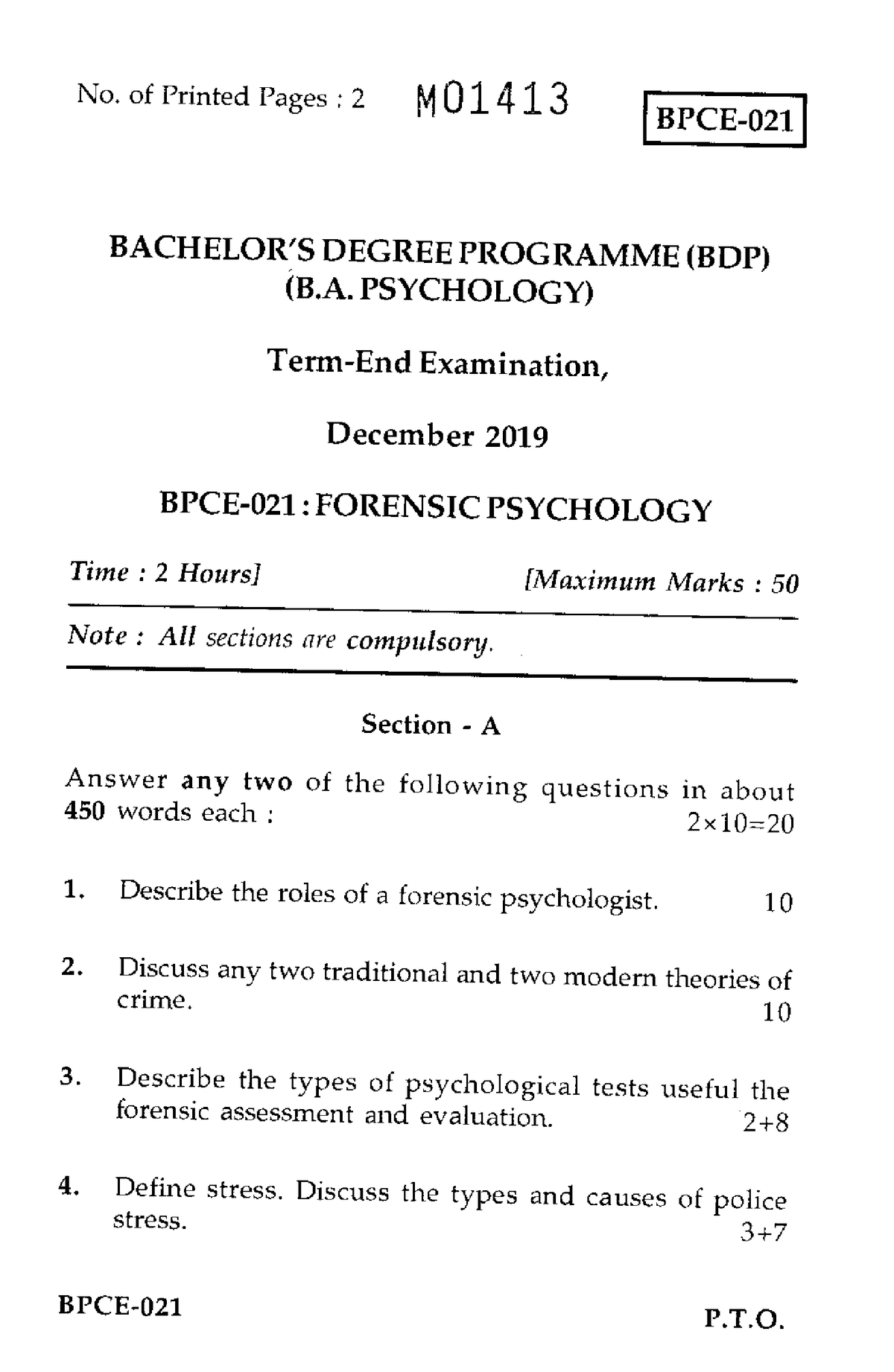 BPCE-021 - BA Psychology - No. Of Printed Pages :2 M01413 BPCE-021 I ...