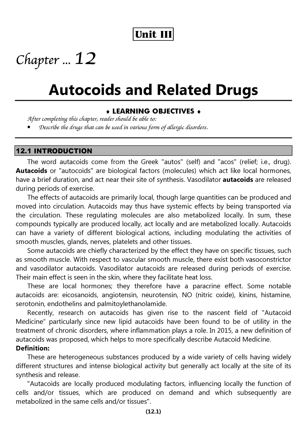 3. Autocoids And Related Drugs - (12) Unit III ...