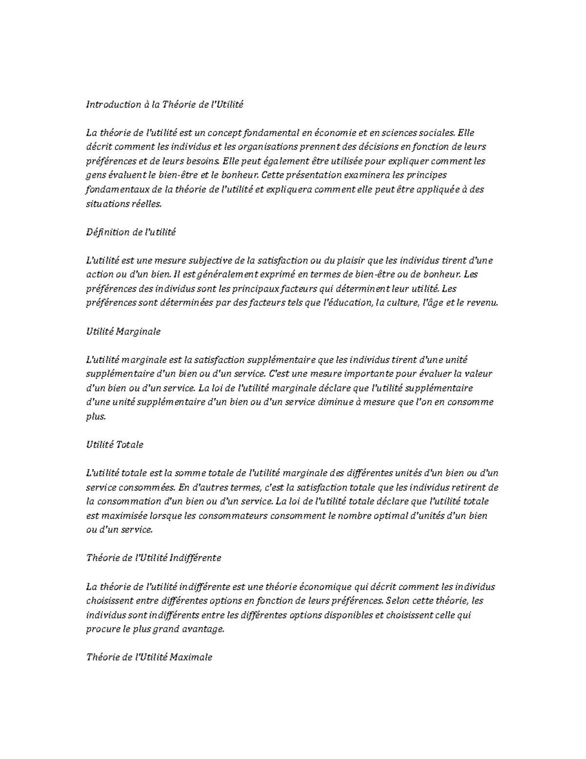 Utility Theory Study Notes Introduction à la Théorie de l'Utilité La