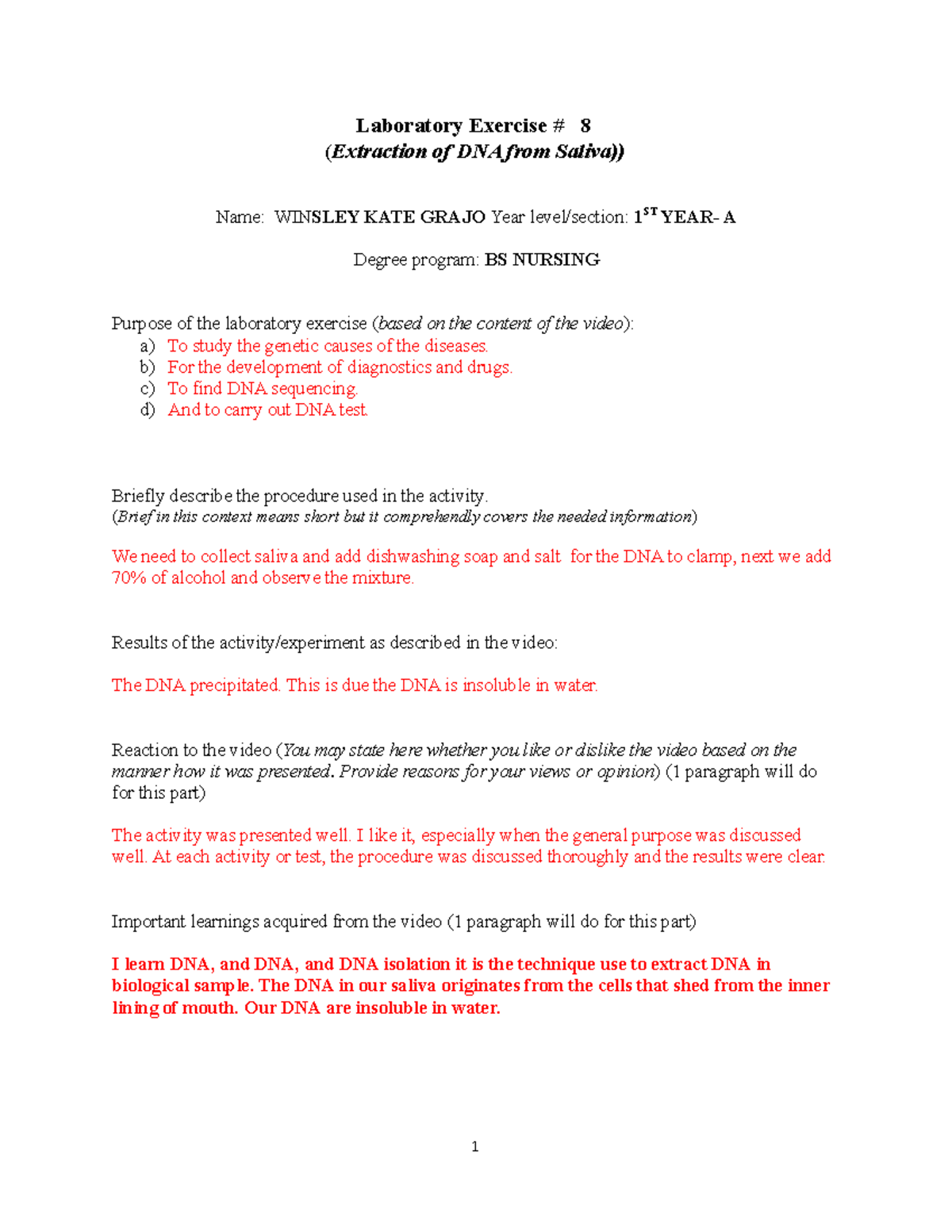 Extraction of DNA from Saliva (activity no. 8) Laboratory Exercise
