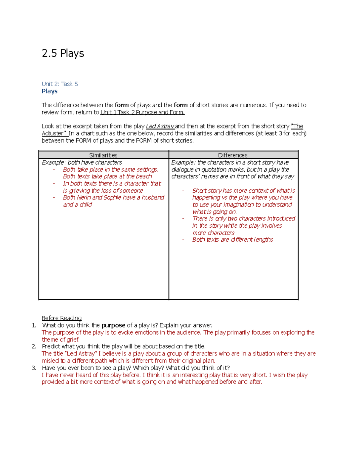 Lesson 2.5 Plays 2 Plays Unit 2 Task 5 Plays The difference between