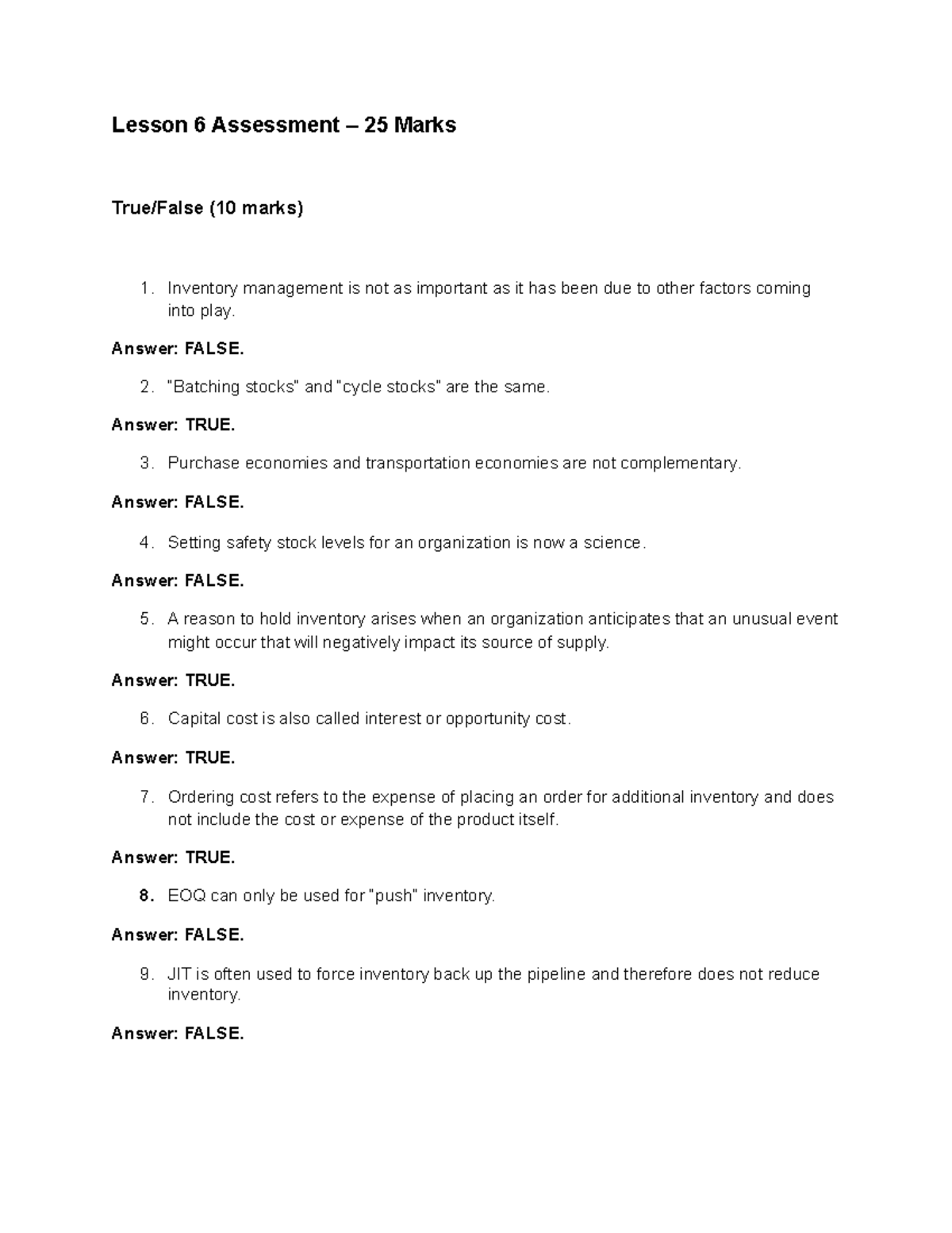 Lesson 6 Assessment - Lesson 6 Assessment – 25 Marks True/False (10 ...