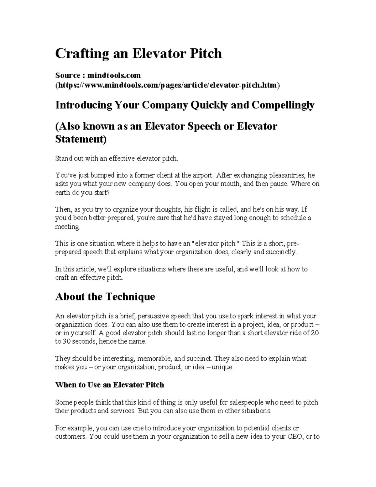 Elevator Pitch - notes de cours - Crafting an Elevator Pitch Source ...