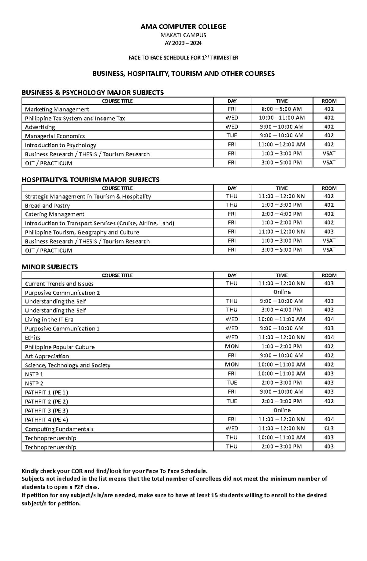 FInal F2F Sched Business AMA COMPUTER COLLEGE MAKATI CAMPUS AY 2023