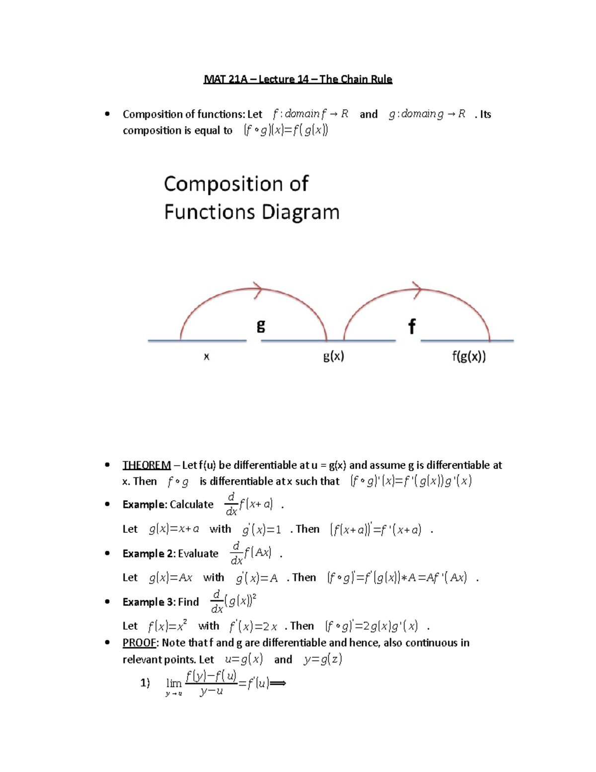 Mat 21a Lecture 14 The Chain Rule Mat 21a Lecture 14 The Chain