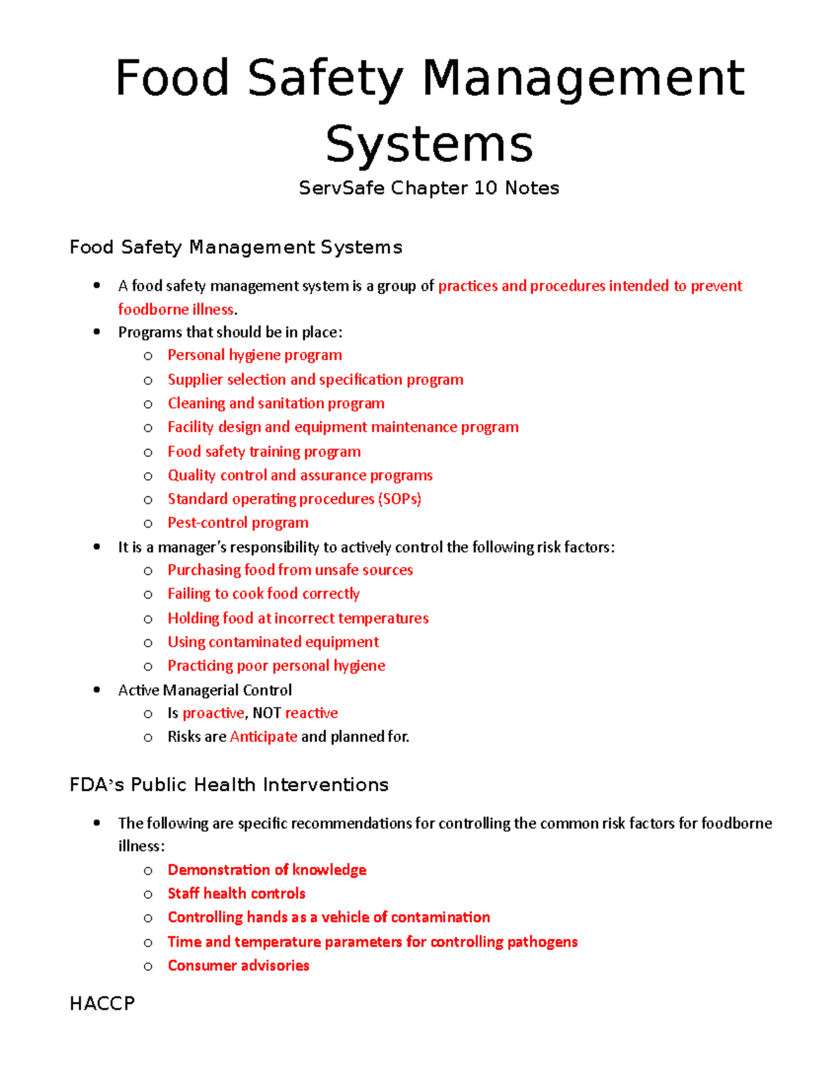 ServSafe Chapter 10 Notes.docx - Food Safety Management Systems ...