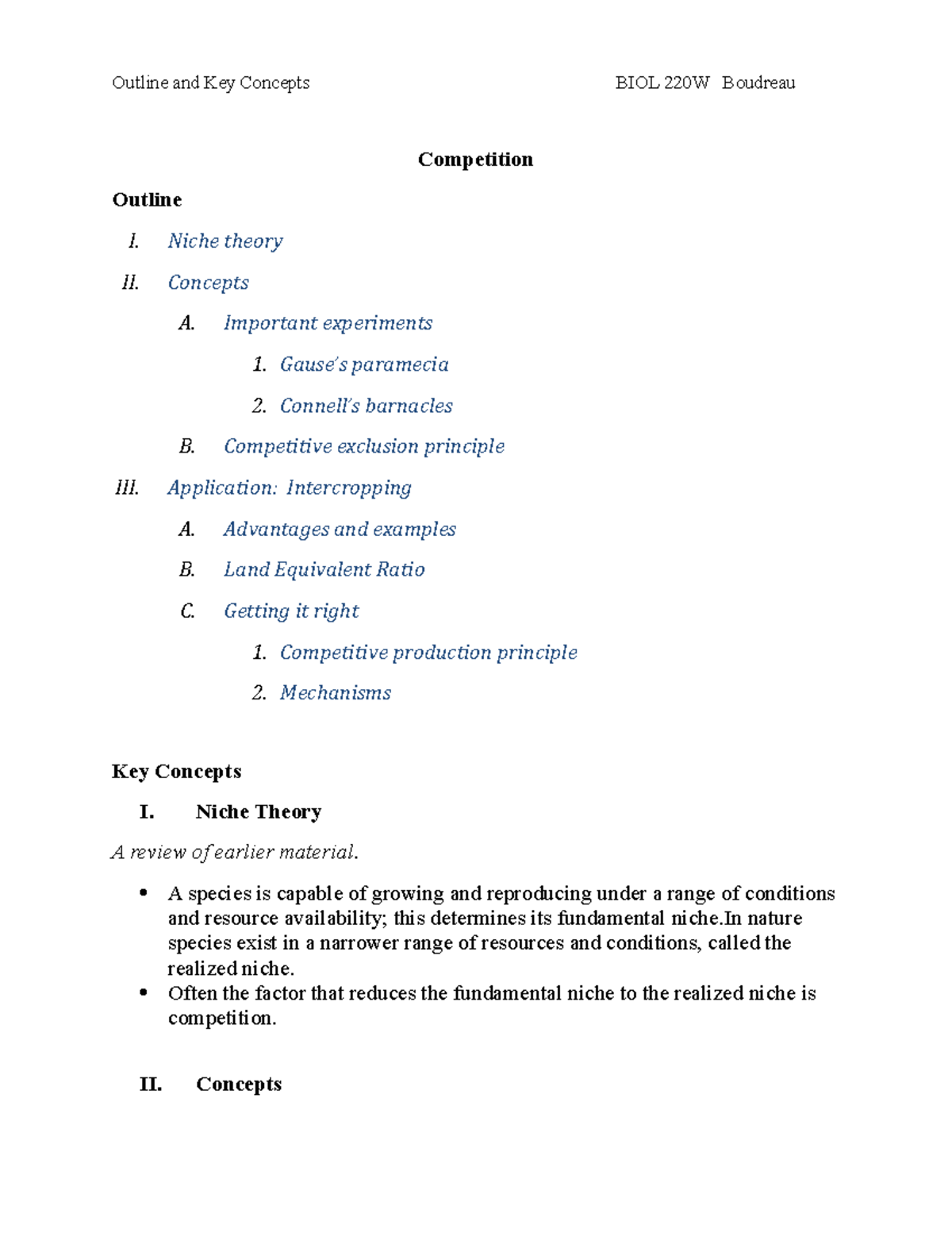 Competition Key Concept - Outline and Key Concepts BIOL 220W Boudreau ...