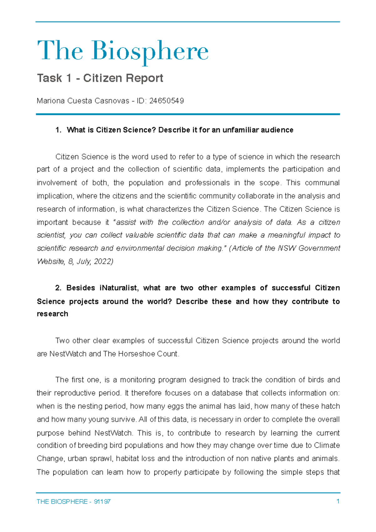 The Biosphere Citizen Report - The Biosphere Task 1 - Citizen Report ...