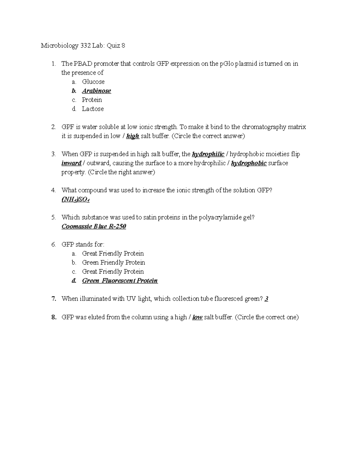 Micro 332 Lab Spring 2021 Quiz 8 Microbiology 332 Lab Quiz 8 The