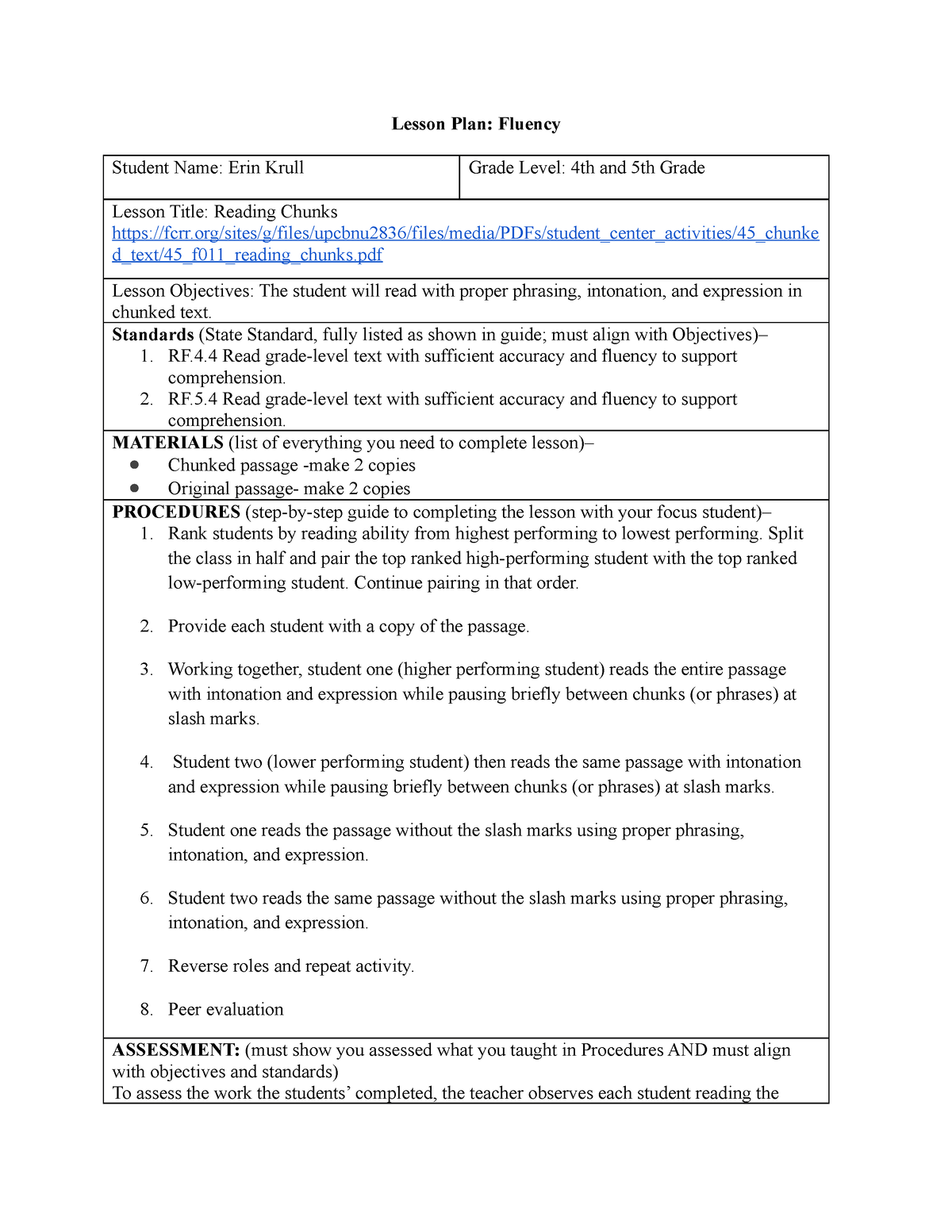lesson plan fluency or vocabulary assignment