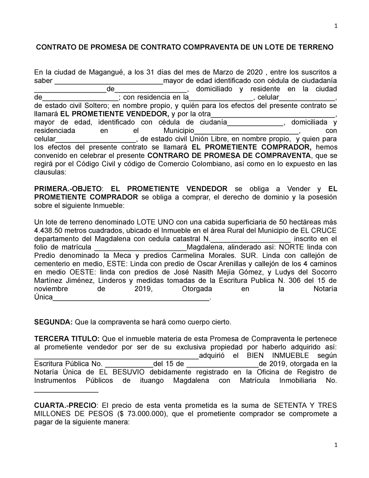 Contrato DE Promesa DE Compraventa Modelo - 1 CONTRATO DE PROMESA DE CONTRATO  COMPRAVENTA DE UN LOTE - Studocu