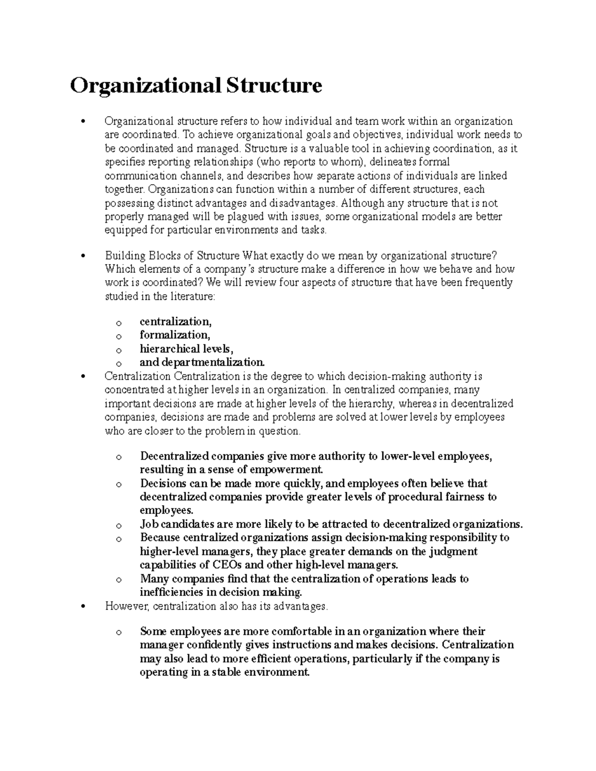 Organizational Culture notes - Organizational Structure Organizational ...