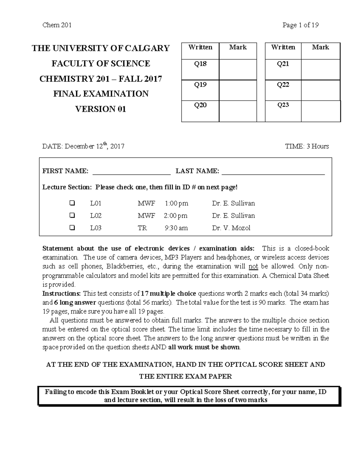 201 F17 Final Exam For D2l The University Of Calgary Faculty Of Science Chemistry 201 Fall 201 F17 Final Exam For D2l The University Of Calgary Faculty Of Science Chemistry 201 Fall