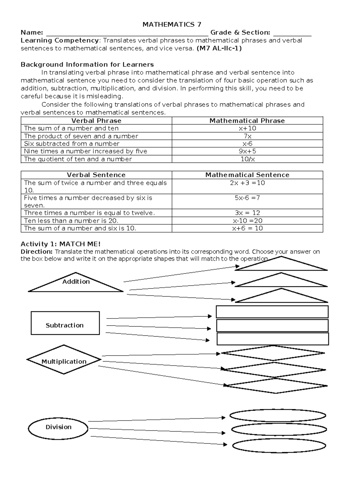 AS G7 W3 - Activity Sheet - MATHEMATICS 7 Name