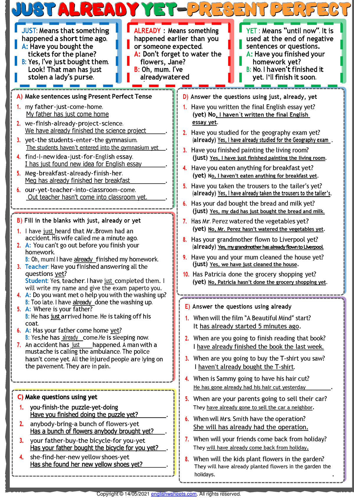 Present perfect tense just already yet esl printable exercises ...