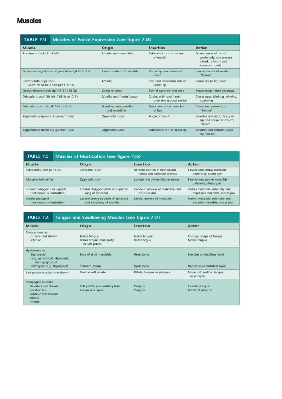 Muscles - n/a - Muscles TABLE 7 Muscles of Facial Expression (see ...