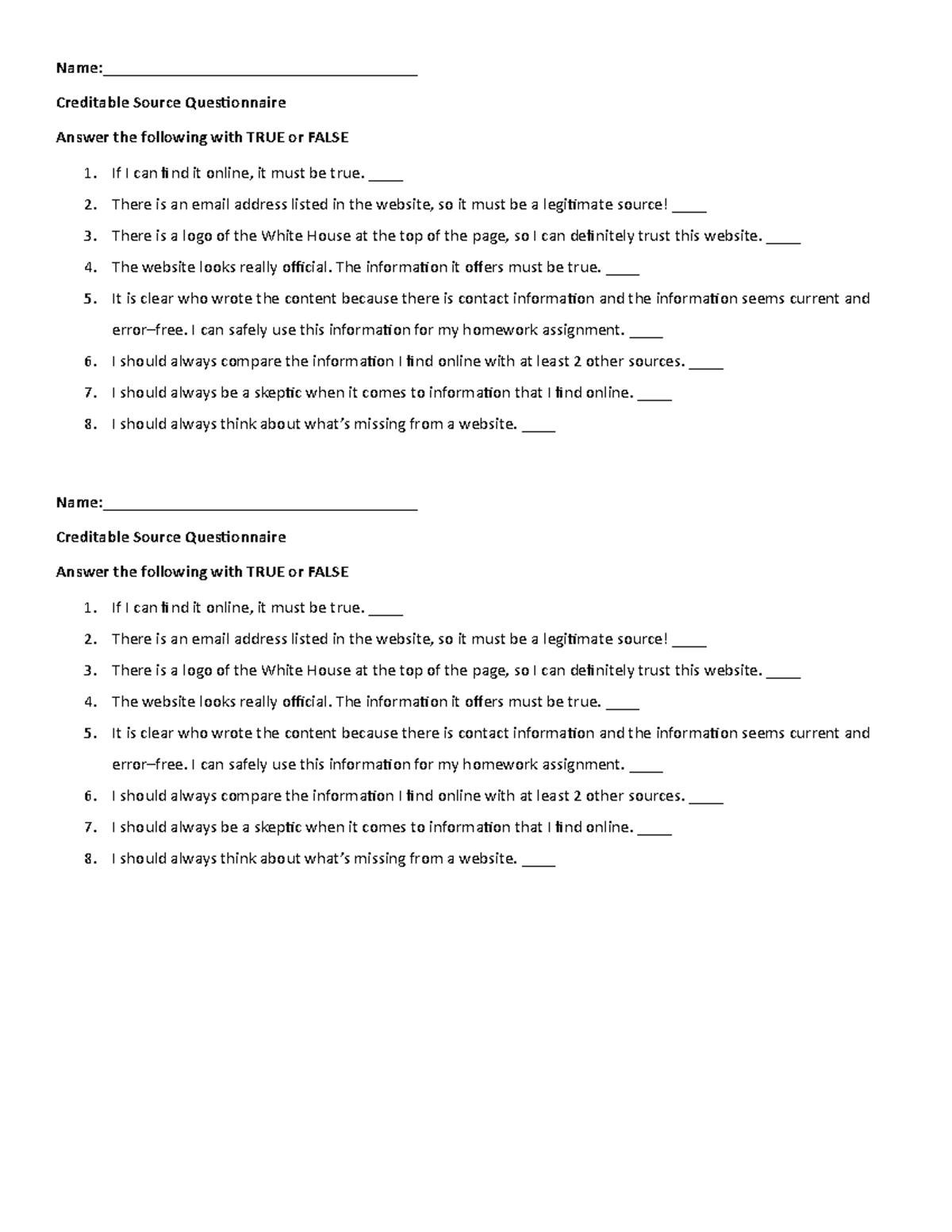 Creditable Source Questionnaire - Name ...