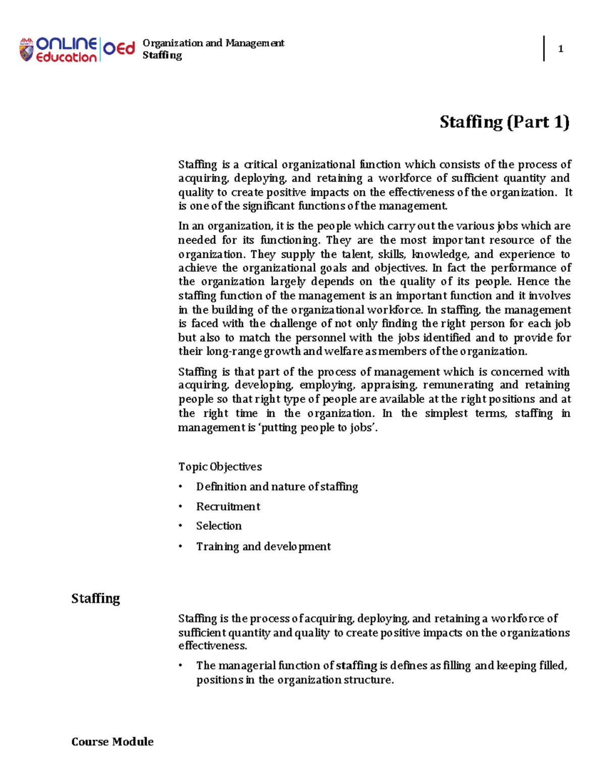 Week011 Staffing 1 - lecture - Organization and Management Staffing 1 ...