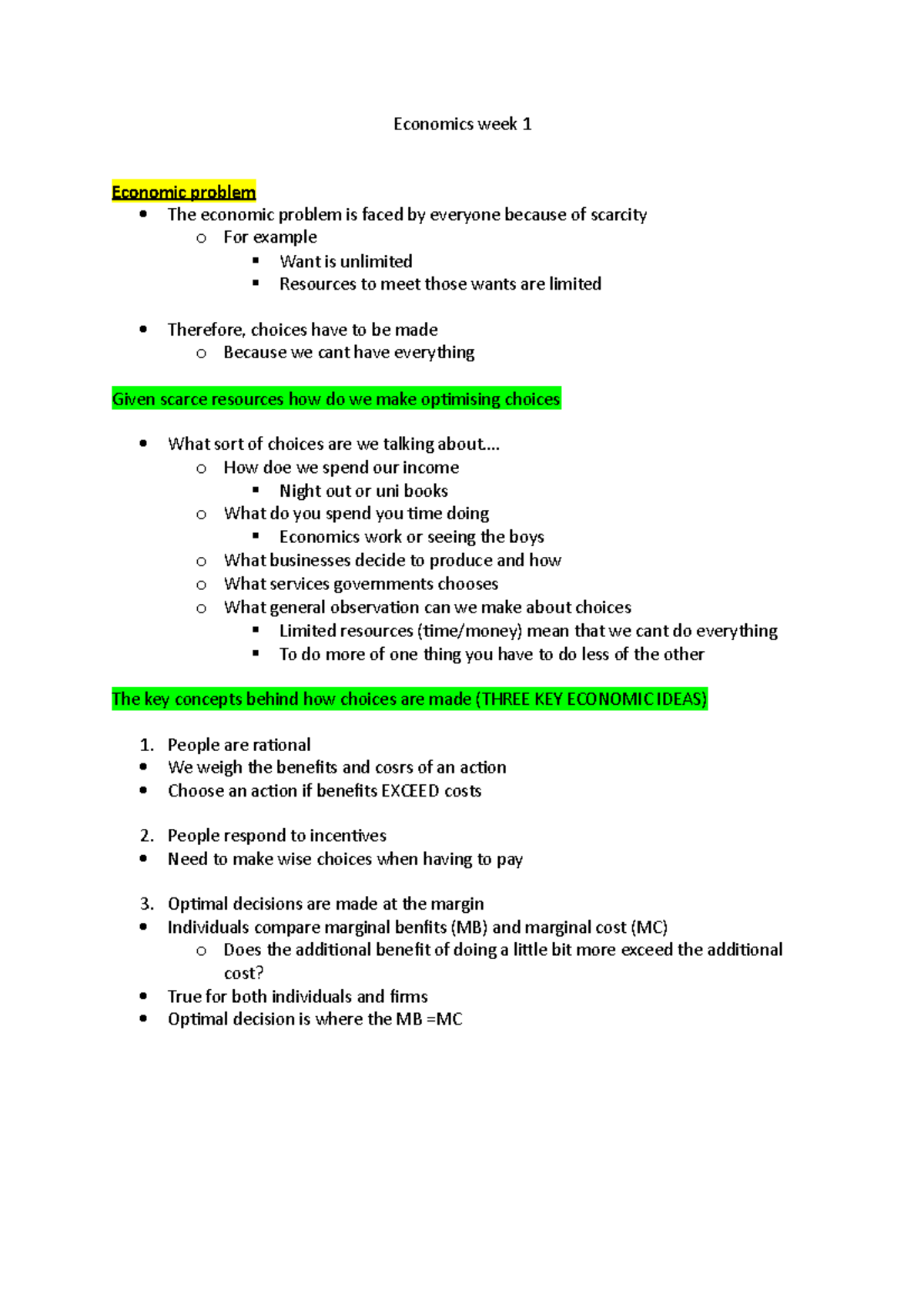 Economics Lecture week 1 - Economics week 1 Economic problem The ...