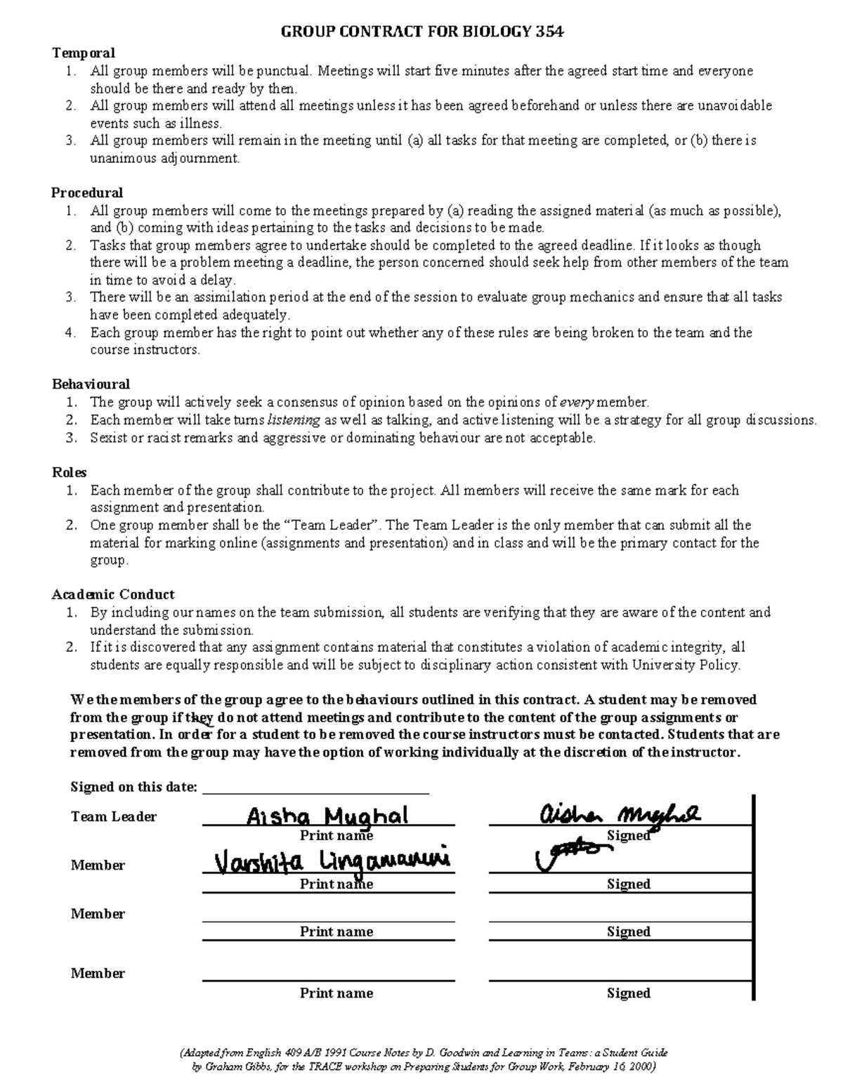 Tox Talk Contract - GROUP CONTRACT FOR BIOLOGY 354 (Adapted from ...