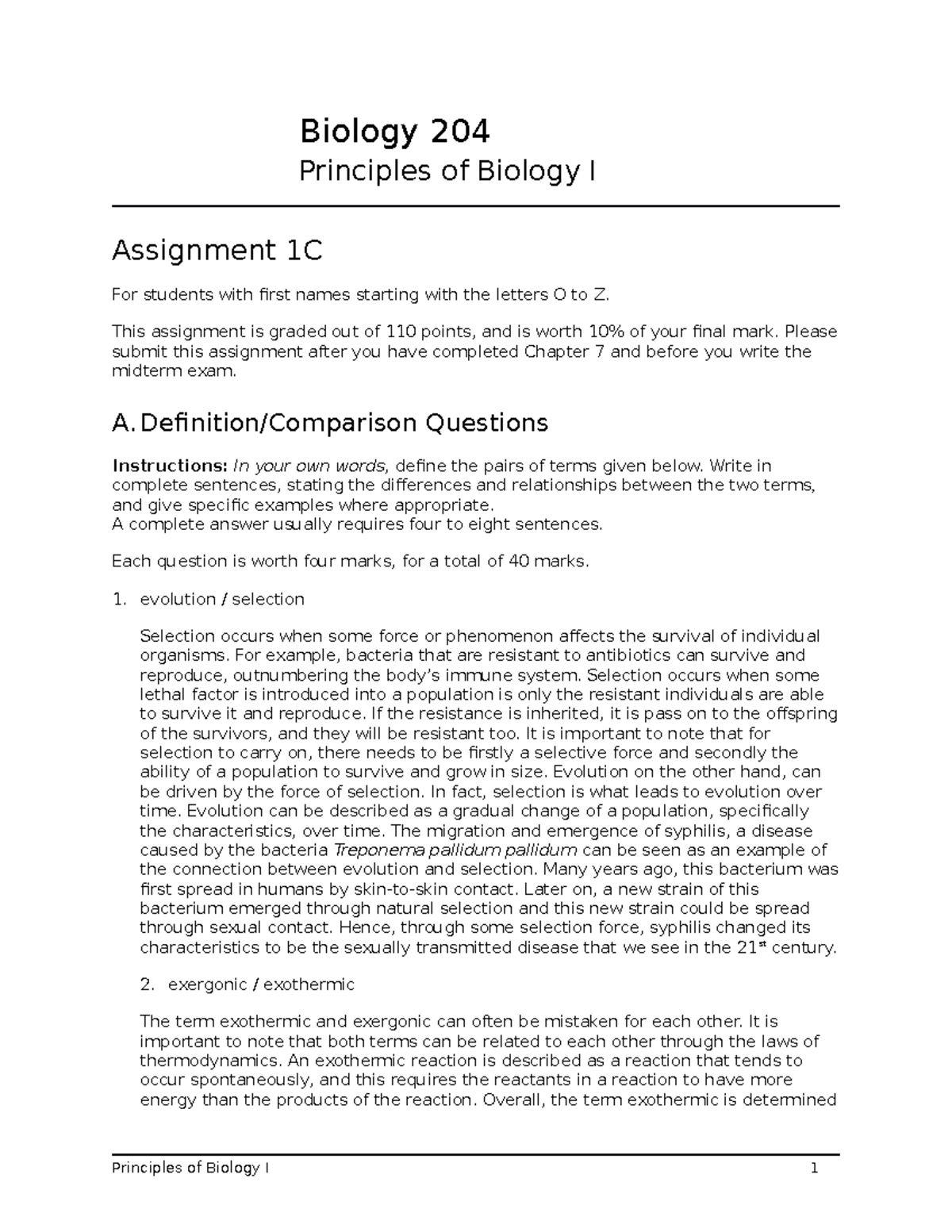 Assign 1c - Biology 204 Principles of Biology I Assignment 1C For ...