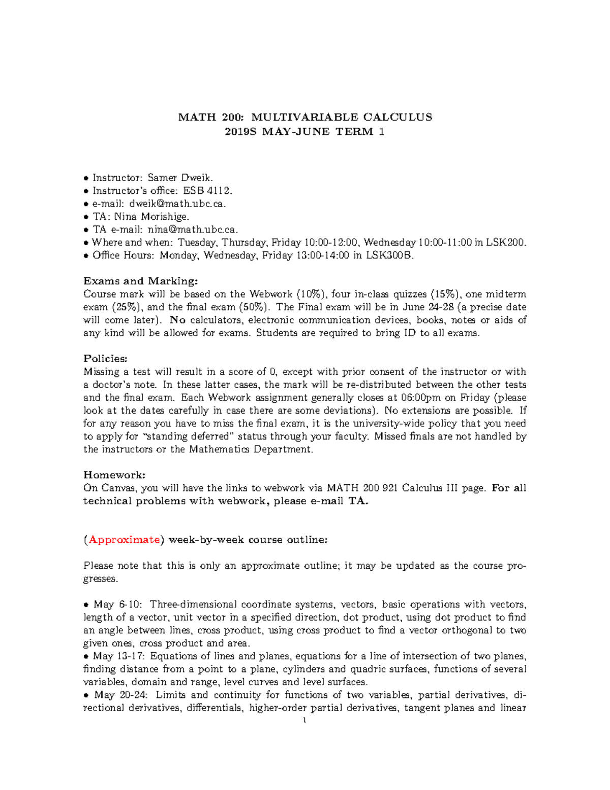 MATH200 921 Syllabus - MATH 200: MULTIVARIABLE CALCULUS 2019S TERM 1 ...