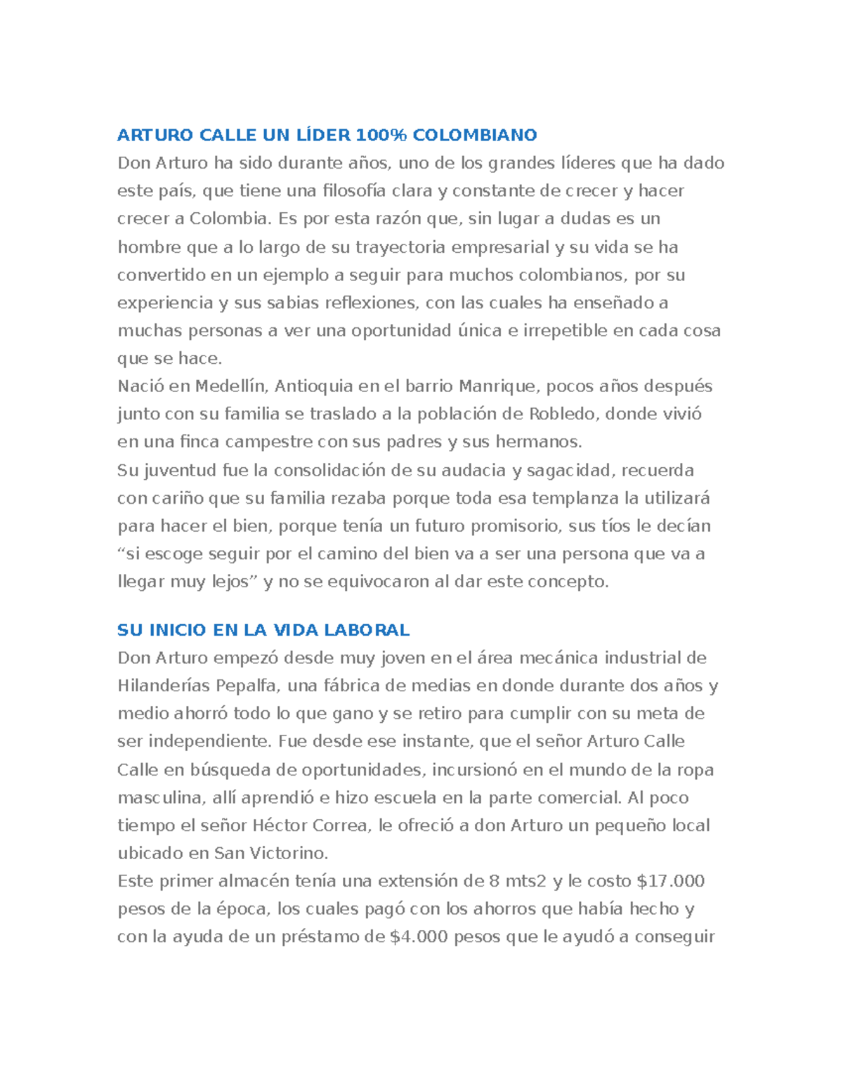 Resumen Arturo Calle ARTURO CALLE UN COLOMBIANO ARTURO CALLE UN