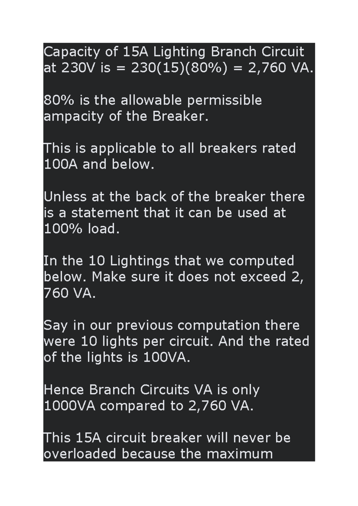 5 1 Capacity of 15A Lighting Branch Circuit at 230V is 80 is the allowable permissible