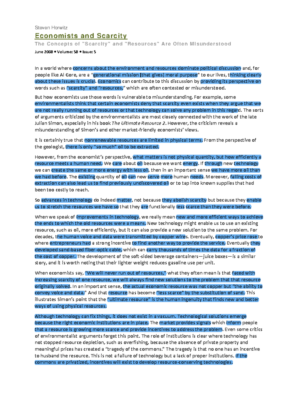 Horwitz - Steven Horwitz Economists and Scarcity T he C on cep ts o f ...