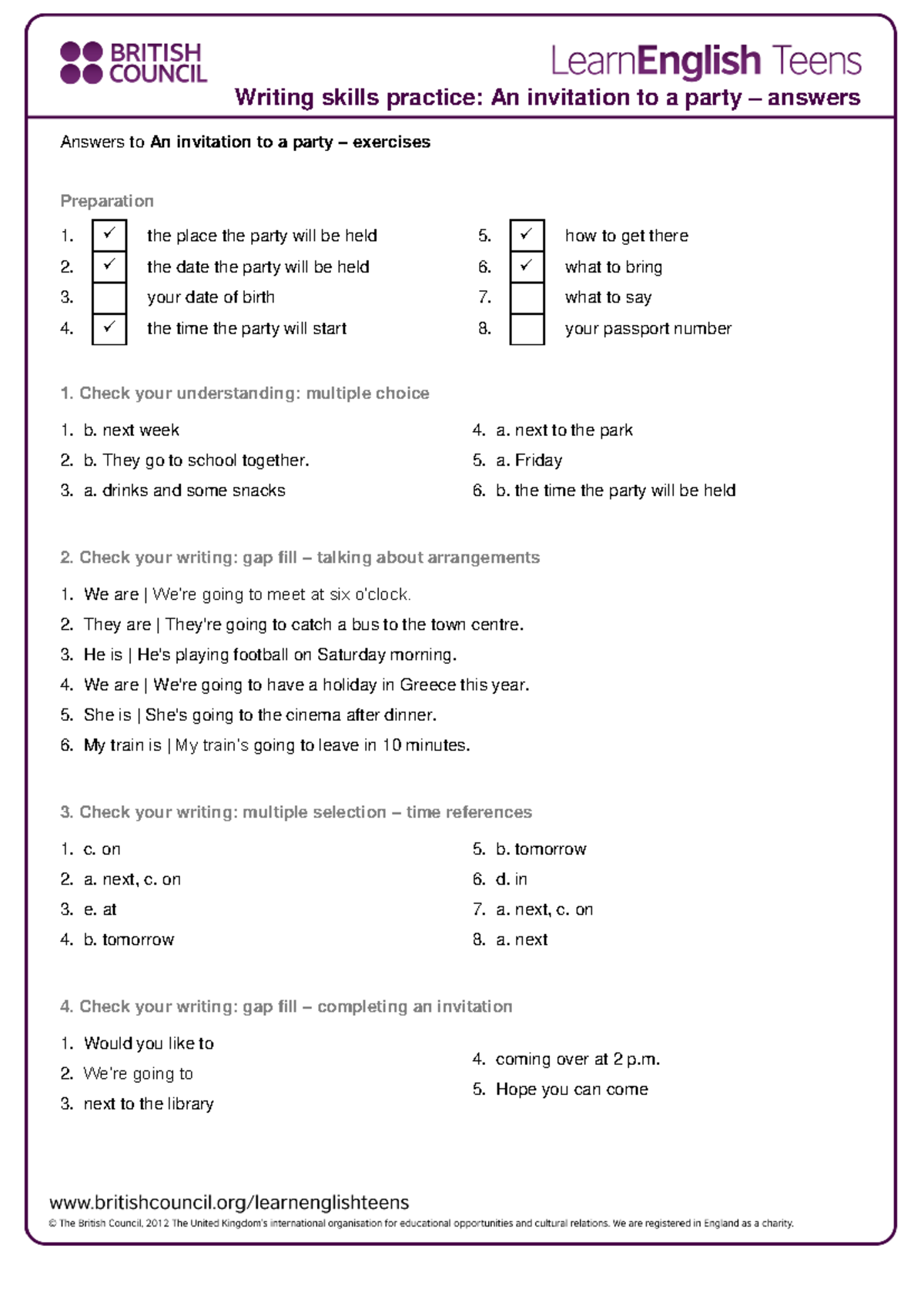 An invitation to a party - answers 2 - Answers to An invitation to a ...