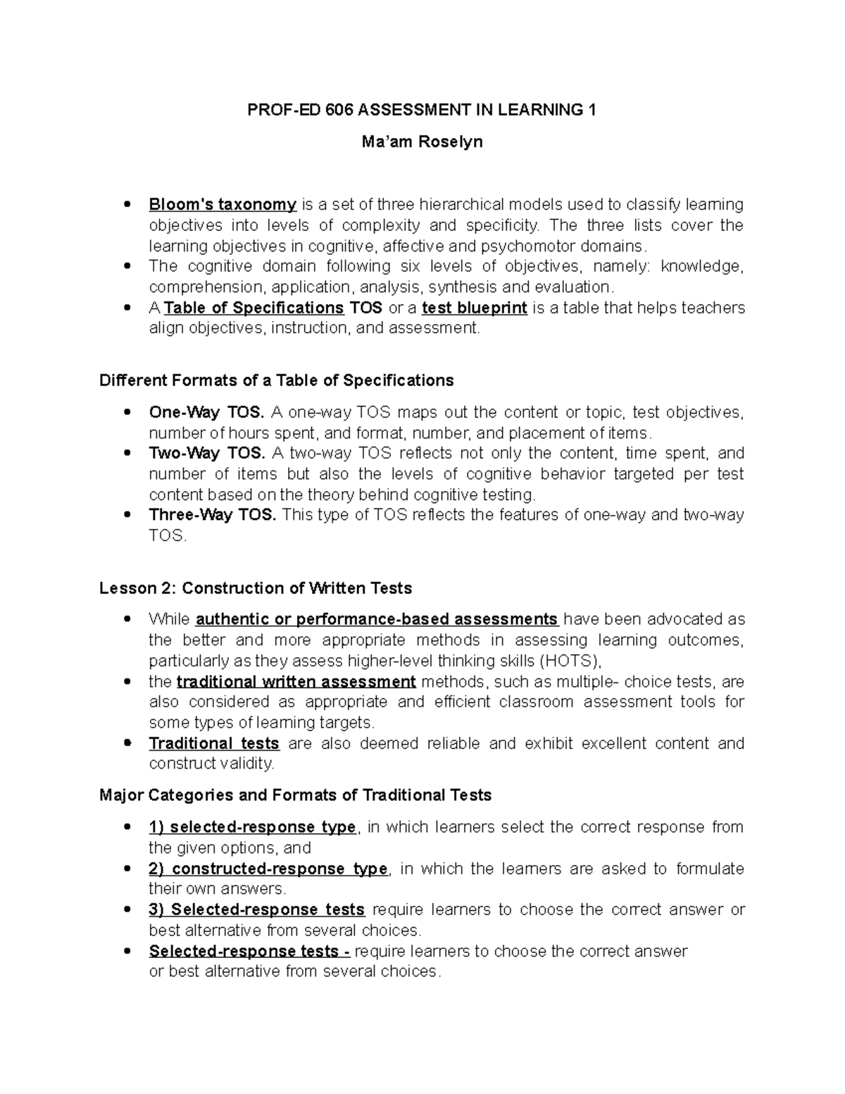 PROF ED 608 Reviewer - Editable - PROF-ED 606 ASSESSMENT IN LEARNING 1 ...