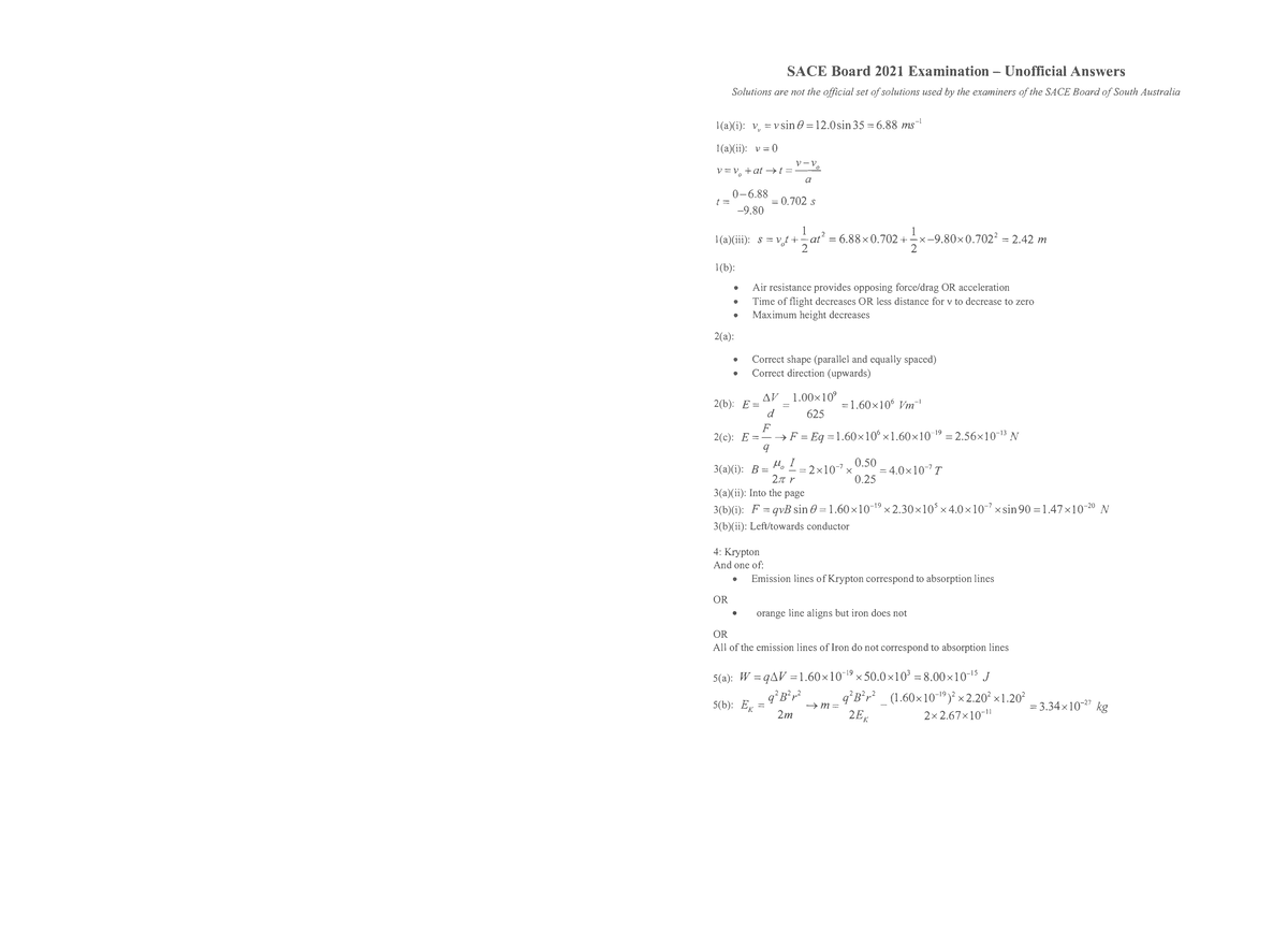 2021 Exam Answers - Physics Exam - SACE Board 2021 Examination ...