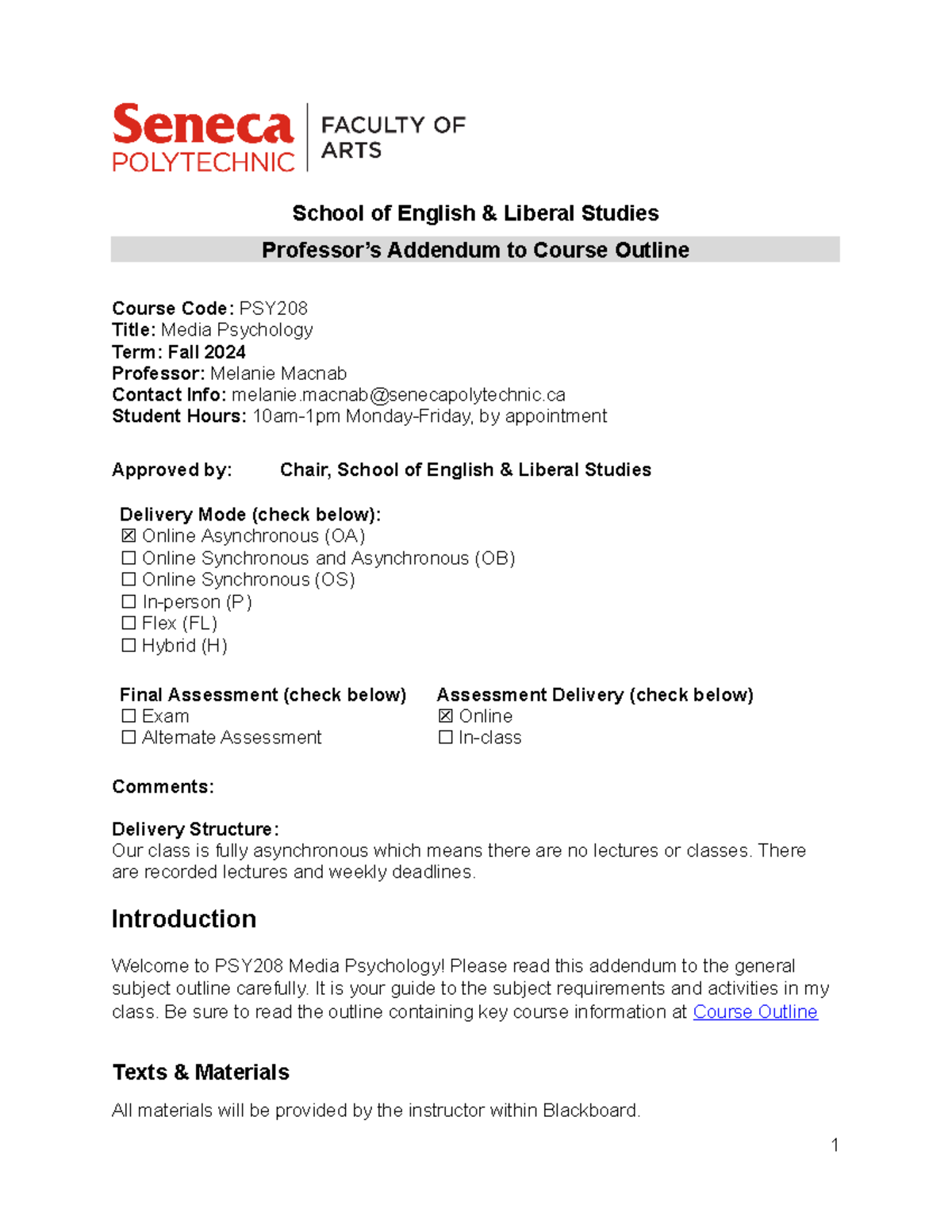 PSY208 Fall 2024 Macnab - School of English & Liberal Studies Professor ...