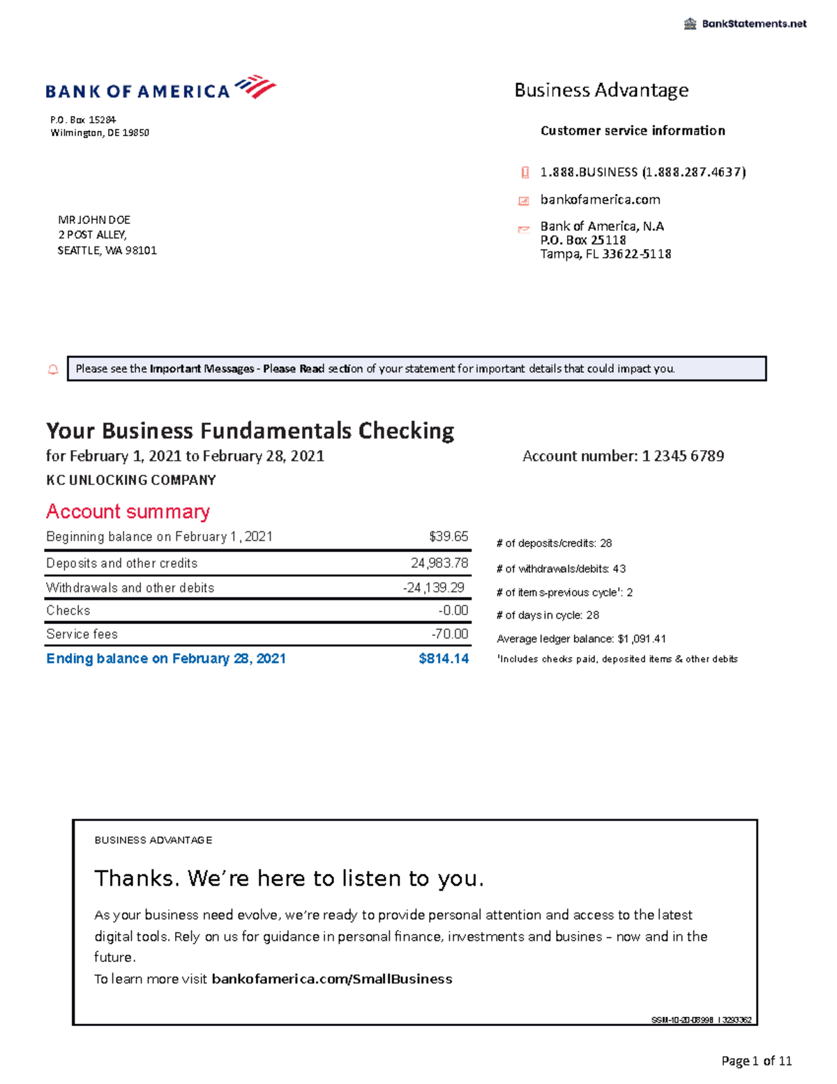 Bank of America Statement Bank Statements Business Advantage P. Box