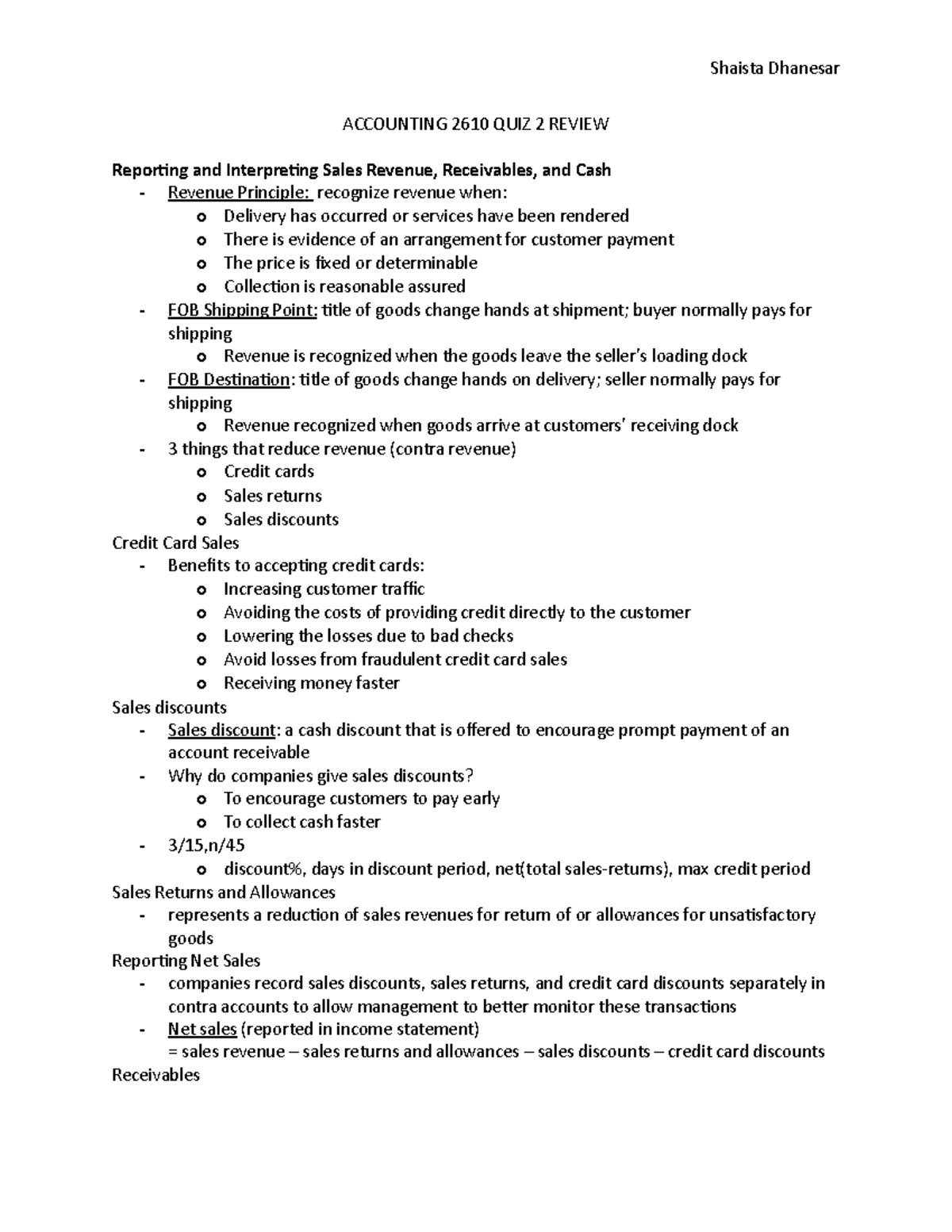Accounting Quiz 2 Review - ACCOUNTING 2610 QUIZ 2 REVIEW Reporting and ...