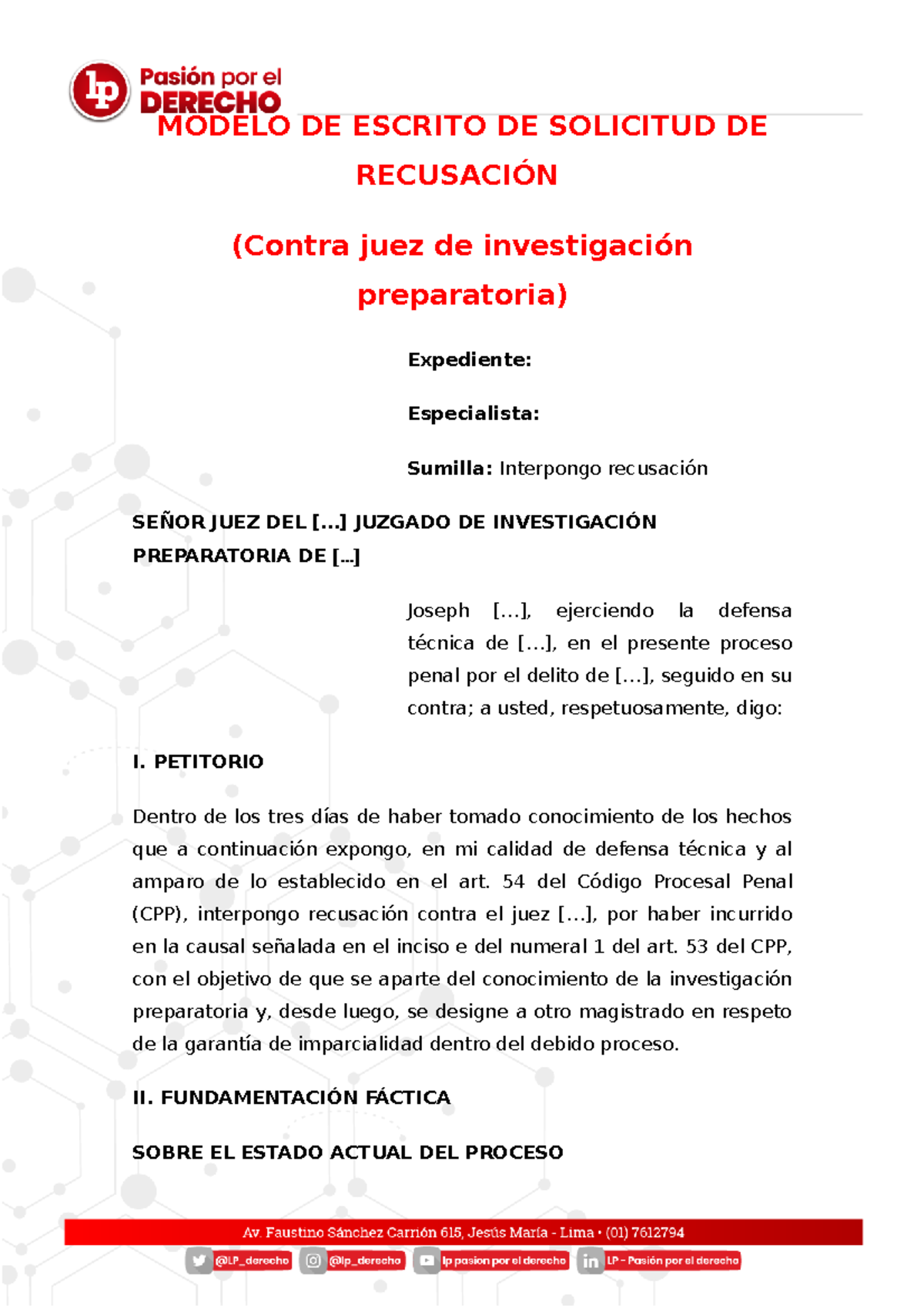 Modelo Solicitud Recusacion De Juez LP Corregido - MODELO DE ESCRITO DE ...