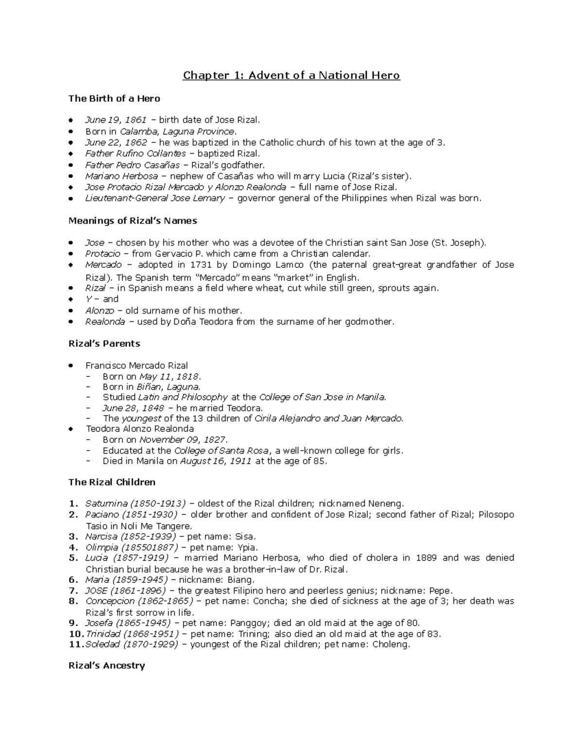 Pdfcookie Rizal Summary chapter 113 Chapter 1 Advent of a National Hero The Birth of a