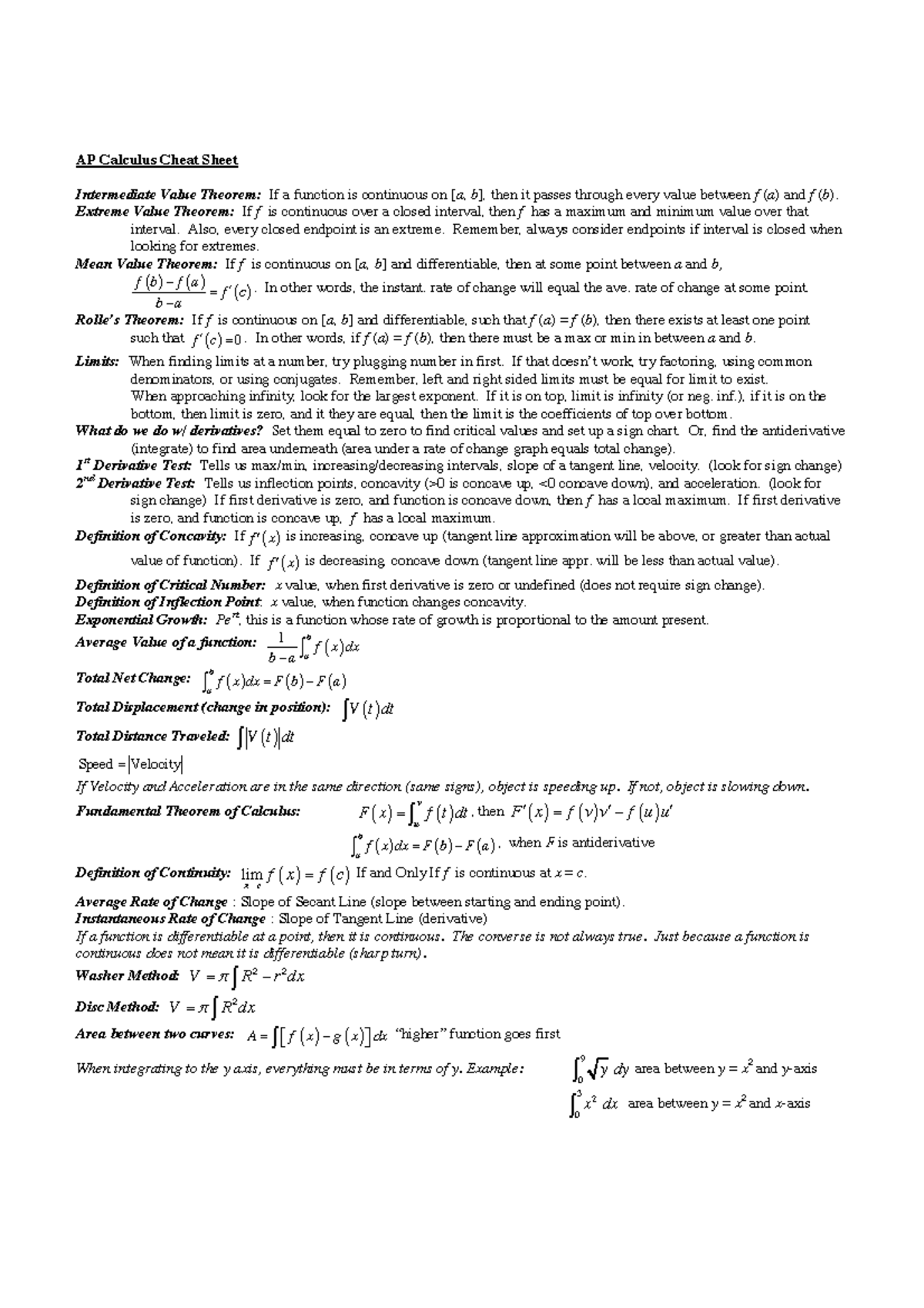 Calculus Cheat Sheet - Assistance - Ap Calculus Cheat Sheet 