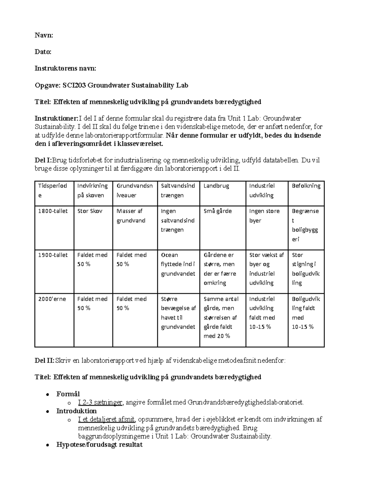 Danish SCI203 Unit 1 Lab Report - Navn: Dato: Instruktørens navn ...