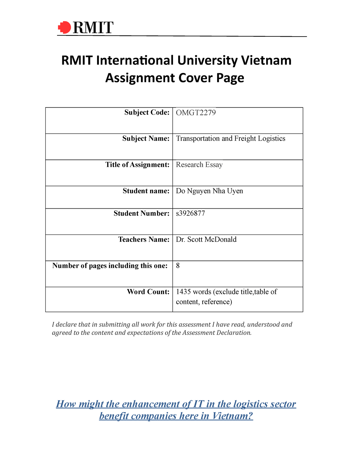 rmit essay cover page