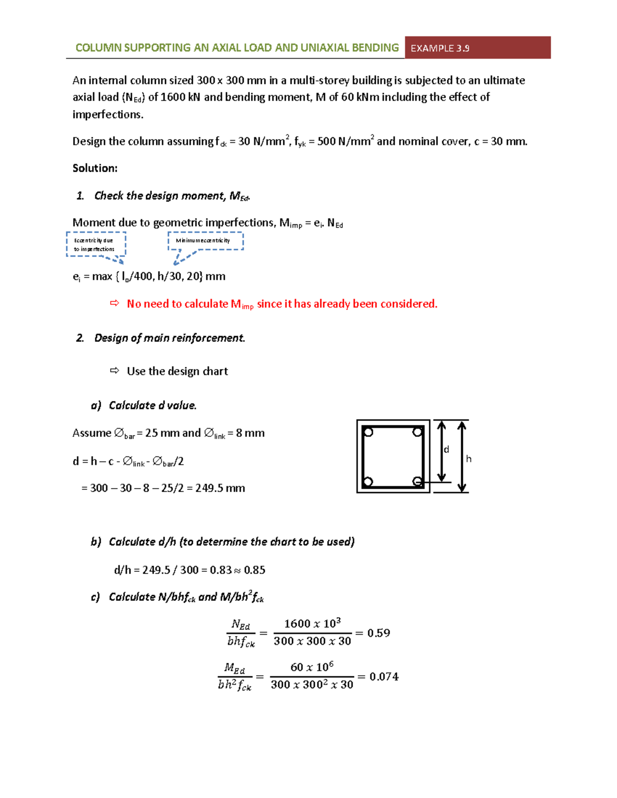 ECS338 Example 3.9 Design of short column subjected to uniaxial