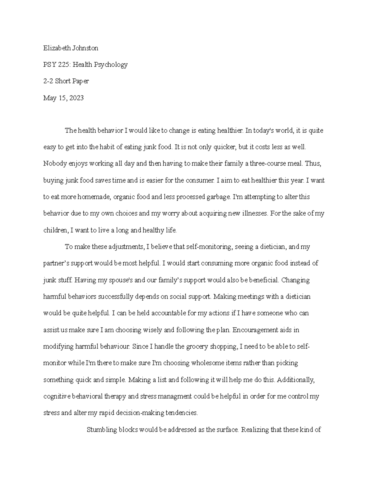 2-2 Short Paper - Elizabeth Johnston PSY 225: Health Psychology 2-2 ...
