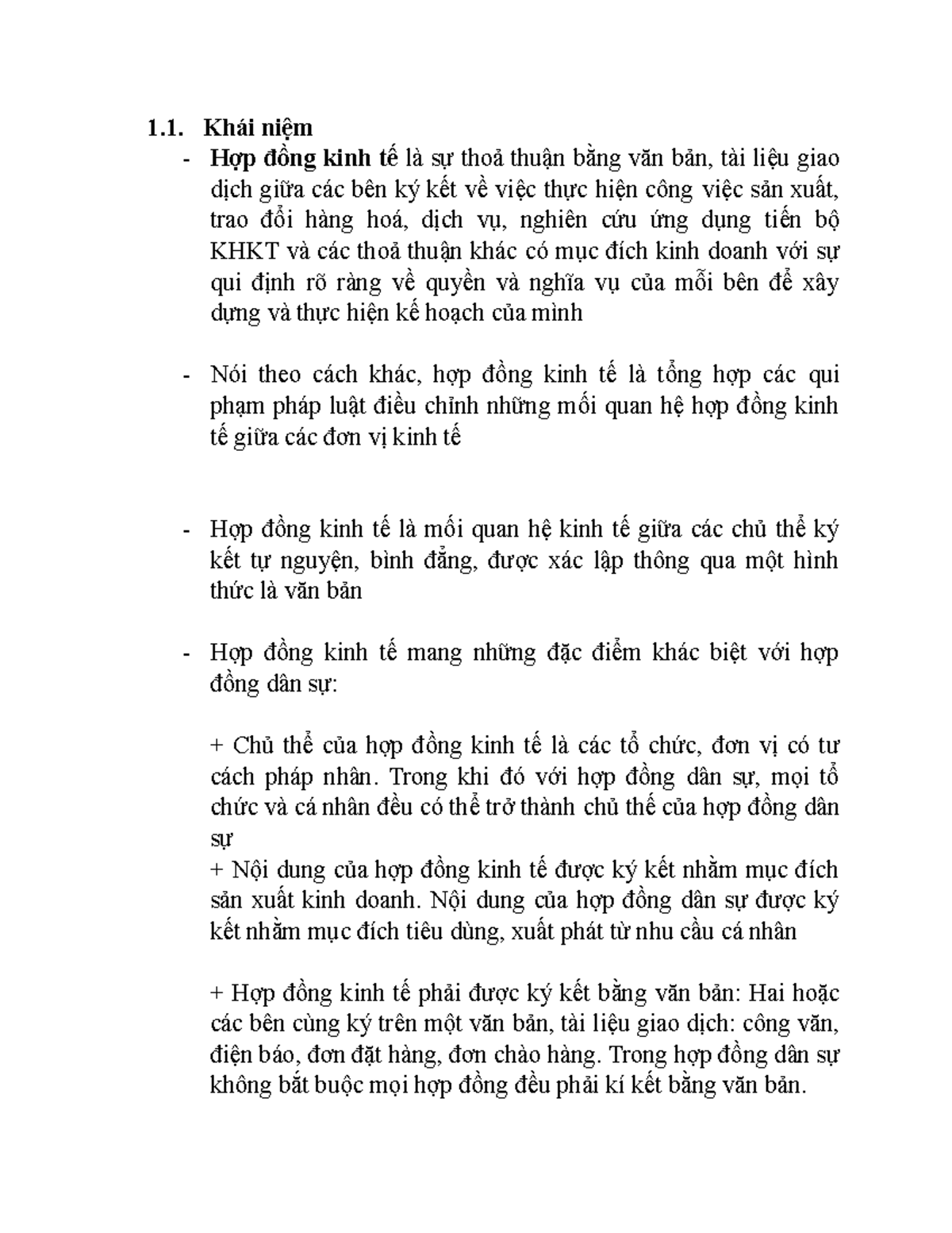 HDKT - hợp đồng kinh tế - 1. Khái niệm - Hợp đồng kinh tế là sự thoả thuận bằng văn bản, tài liệu - Studocu